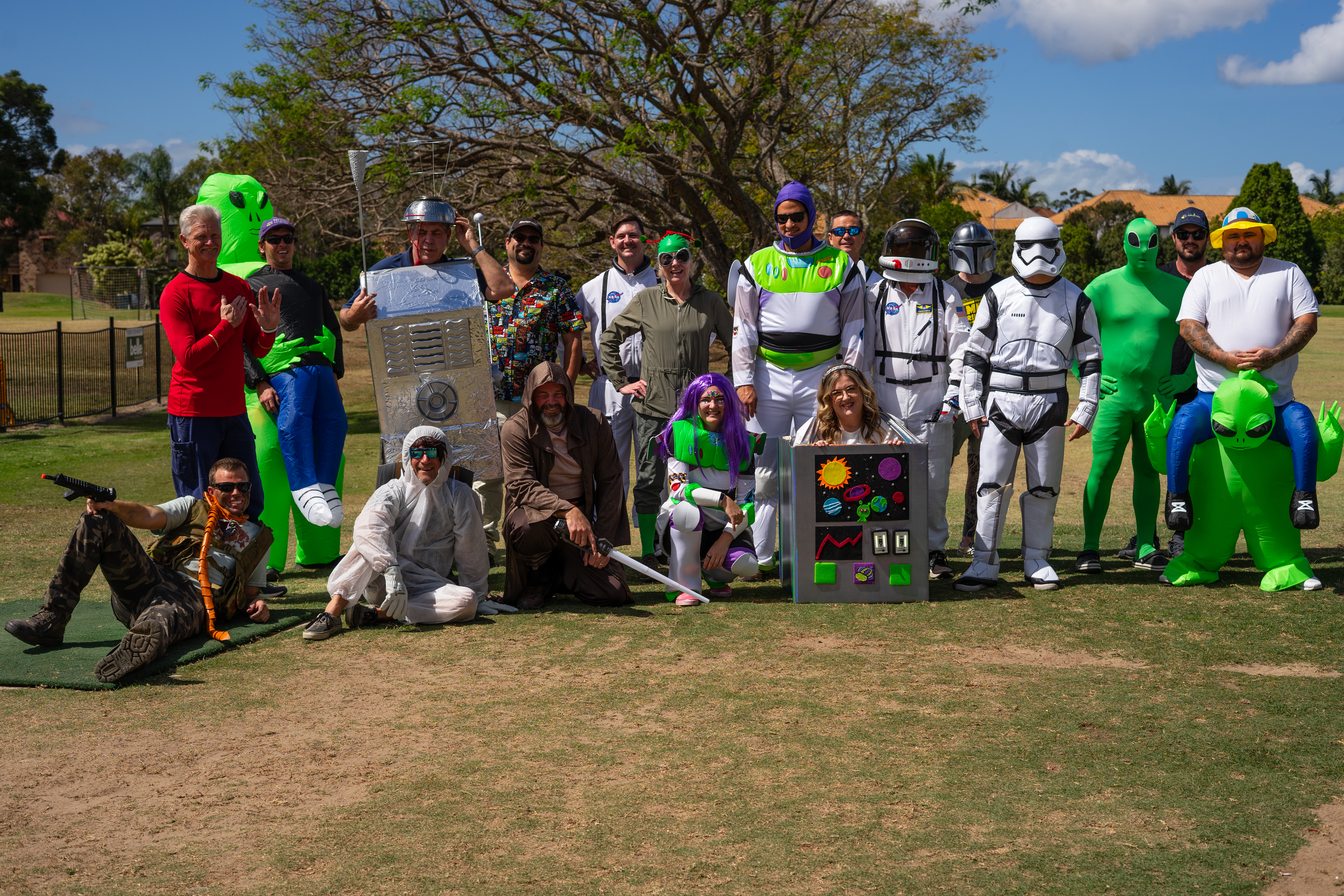 The Conquer Termites full team at the Bulimba Golf Course in costume. The theme of the costumes are space. 